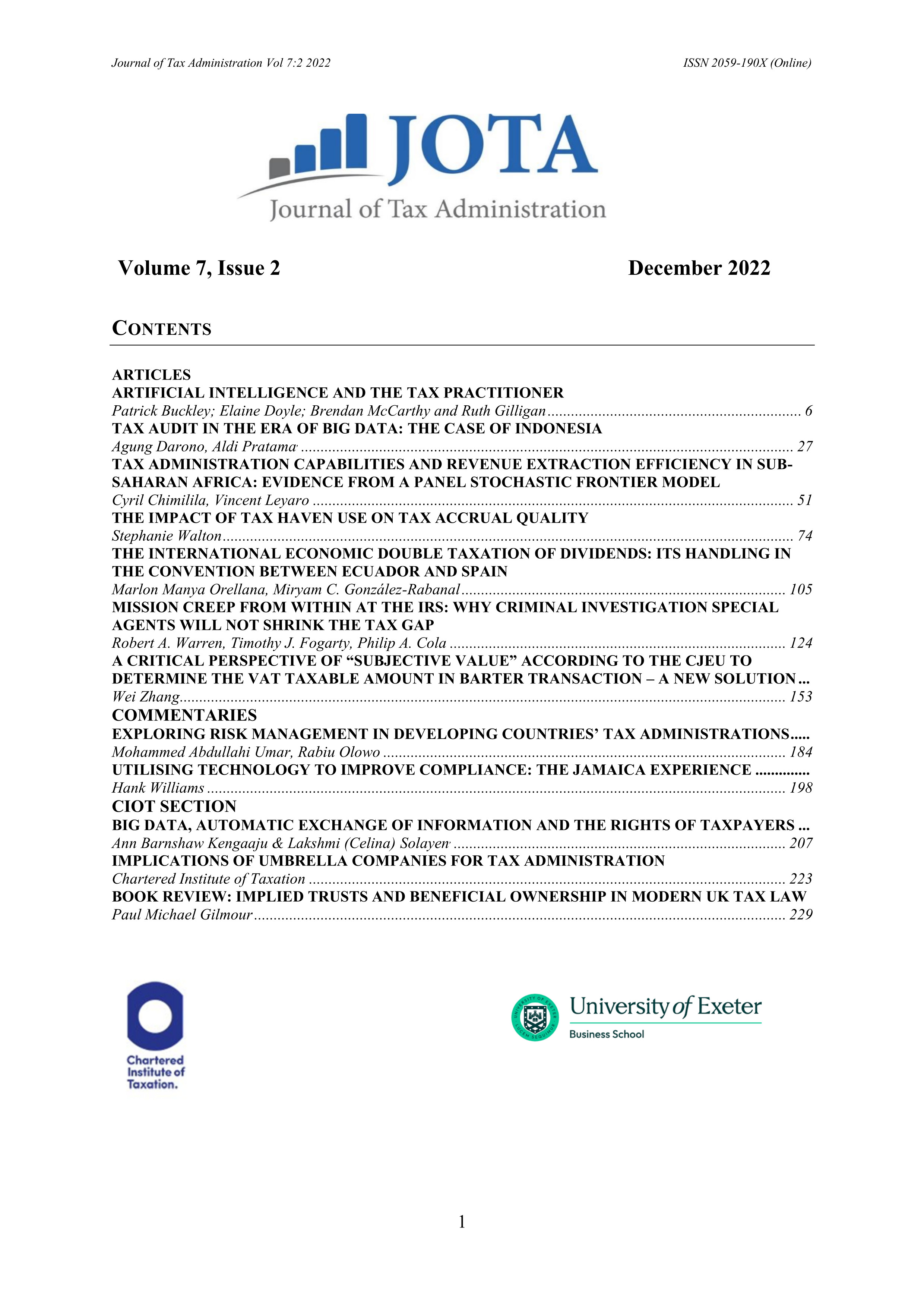 Cover of Volume 7.2 of the Journal of Tax Administration