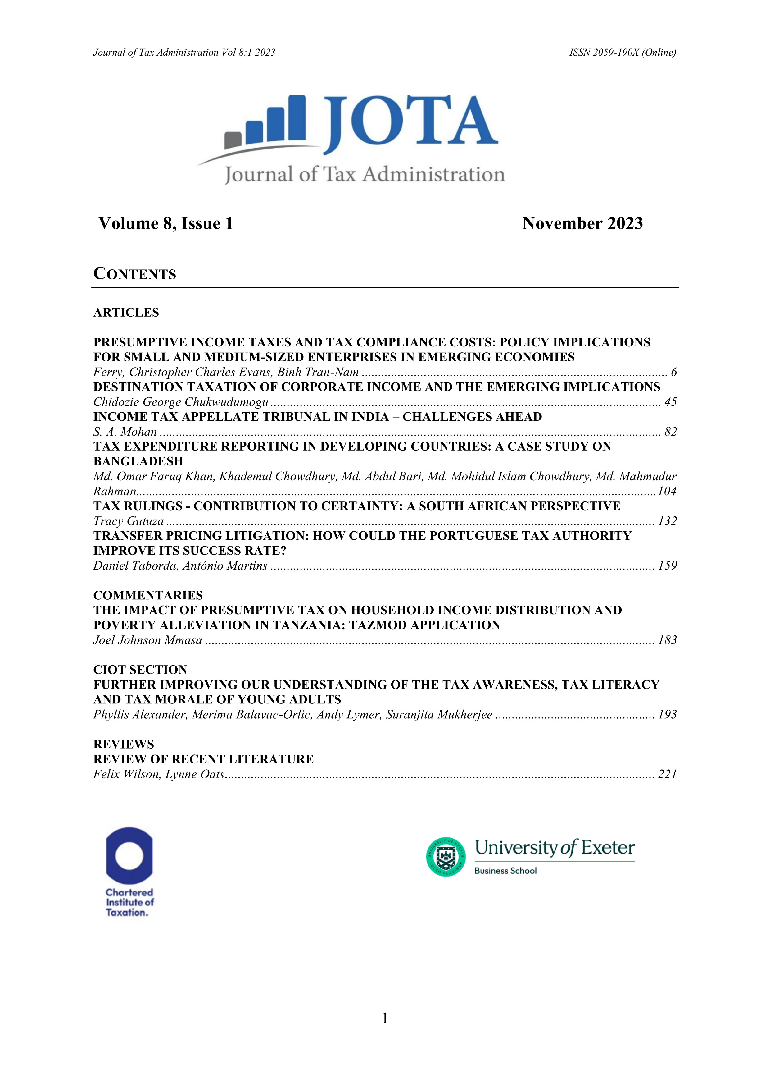 Cover of Volume 8.1 of the Journal of Tax Administration